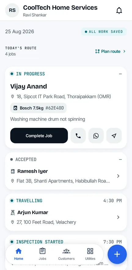 The RepairSetu app home screen showing today's scheduled jobs with customer, address and appliance details