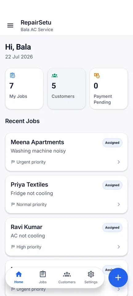 The RepairSetu app home screen showing today's jobs, customer count and recent job cards