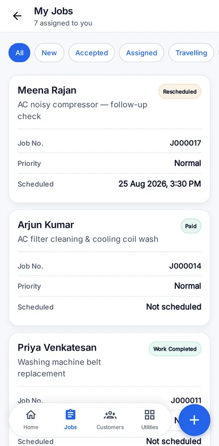 The Jobs list in the RepairSetu app, showing status filters and job cards for paid, completed and in-progress repairs