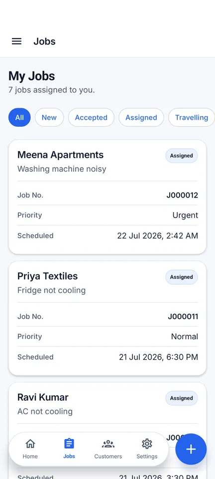 The Jobs list in the RepairSetu app, showing filters and job cards