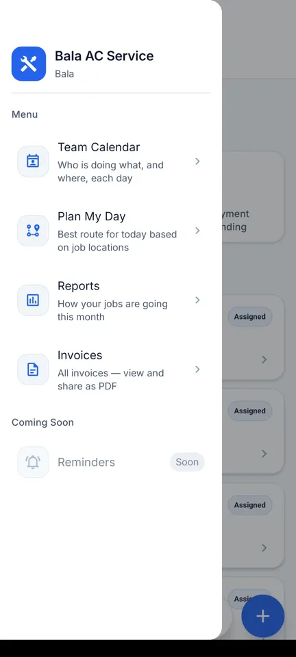 The RepairSetu app menu showing Team Calendar, Plan My Day, Reports and Invoices